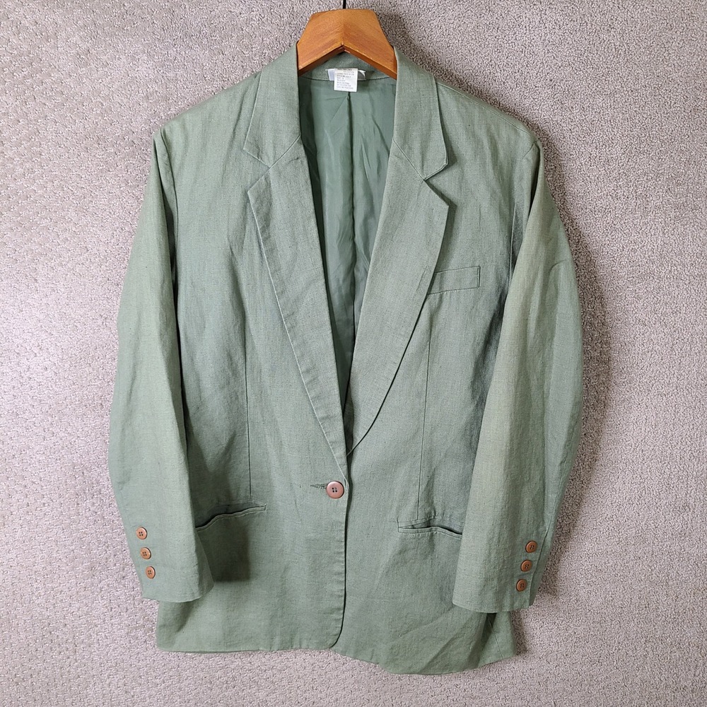 Vintage JRT Jacket Blazer Womens 8 Green Linen Cotton Blend Long Sleeve Casual